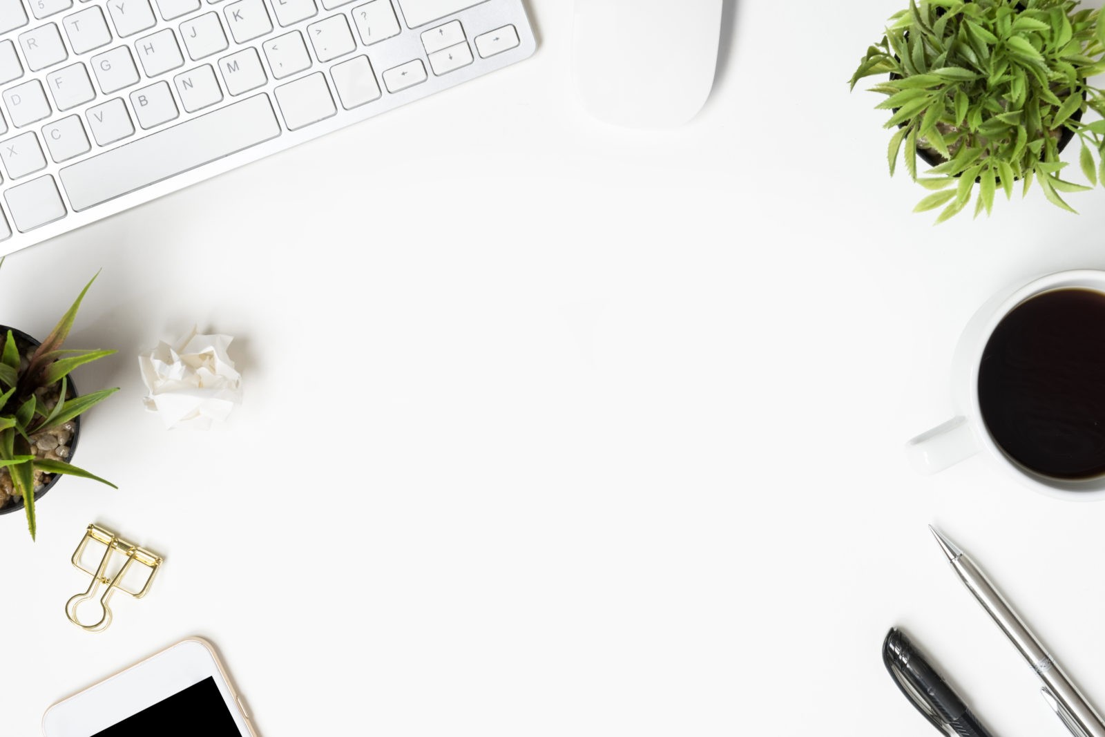 Desk, gadgets and office supplies. Flat lay. Copy space, Stock image